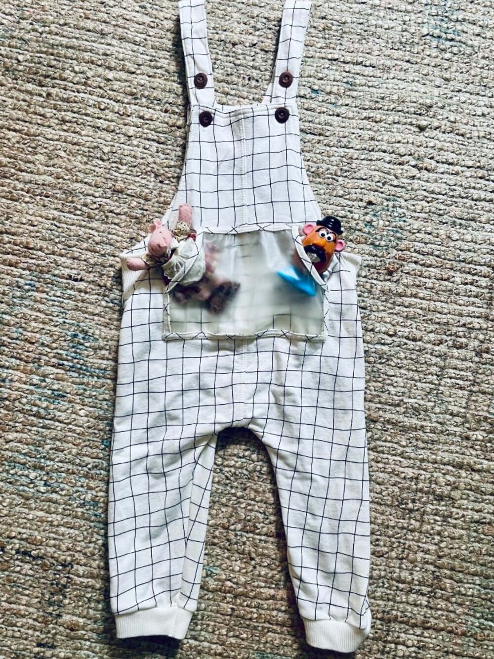 Offcorss Baby Unisex Overalls 18M Ivory Windowpane Grid Clear Pocket Romper EUC